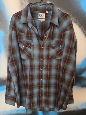 Ely Cattleman Blue and Brown Plaid Western Snap Shirt